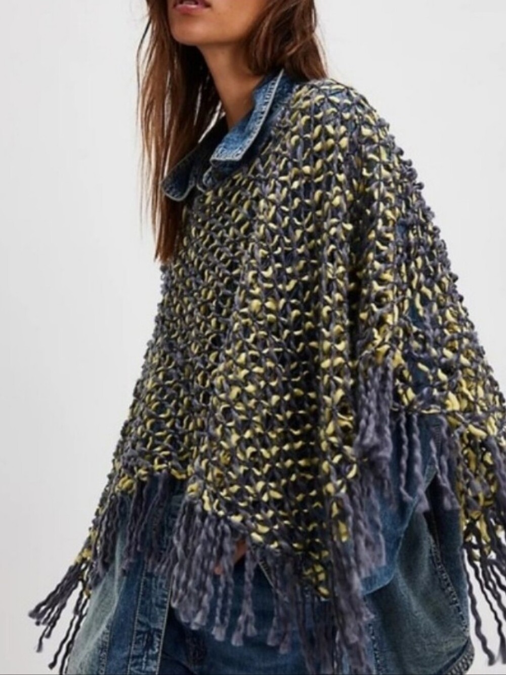 Free People Open Knit Fringe Poncho Sweater Navy & Yellow Festival Boho Western